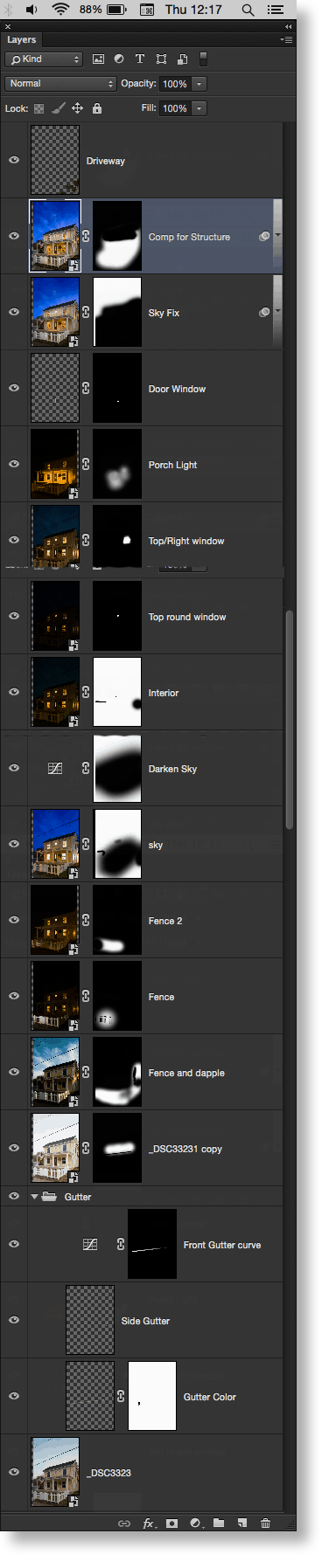 Graphic shows a Photoshop Layer palette with many image layers.