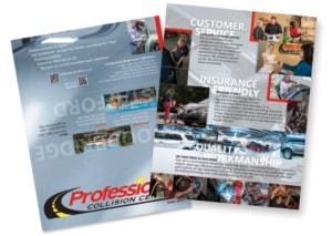 Front and back views of final trifold brochure for Professional Collision Centers designed by Sherri Arnaiz.